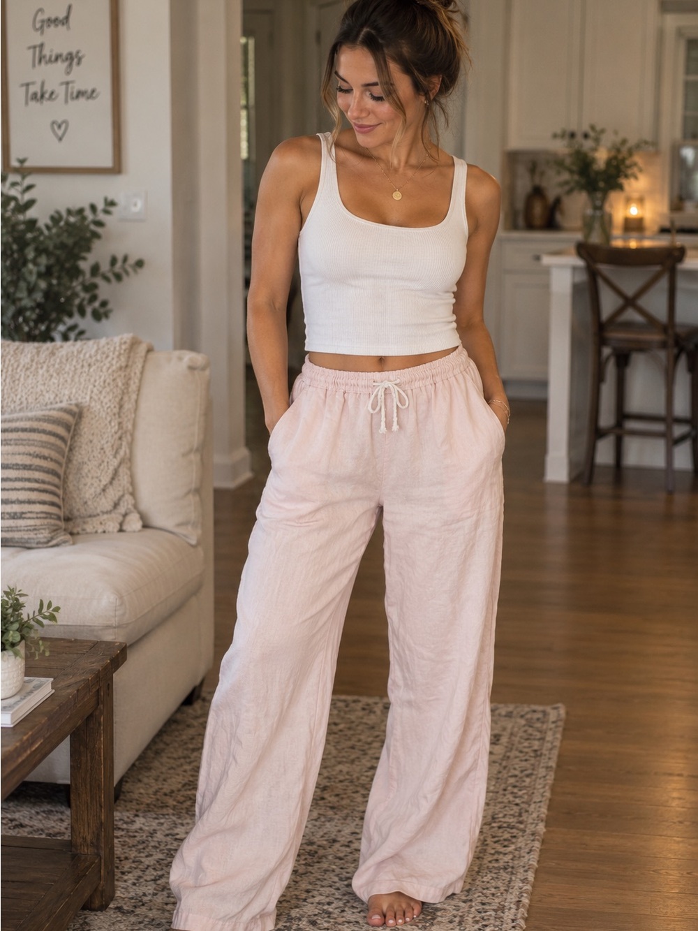 Brandy Melville Light Pink Wide-Leg Drawstring Pants 100% Linen